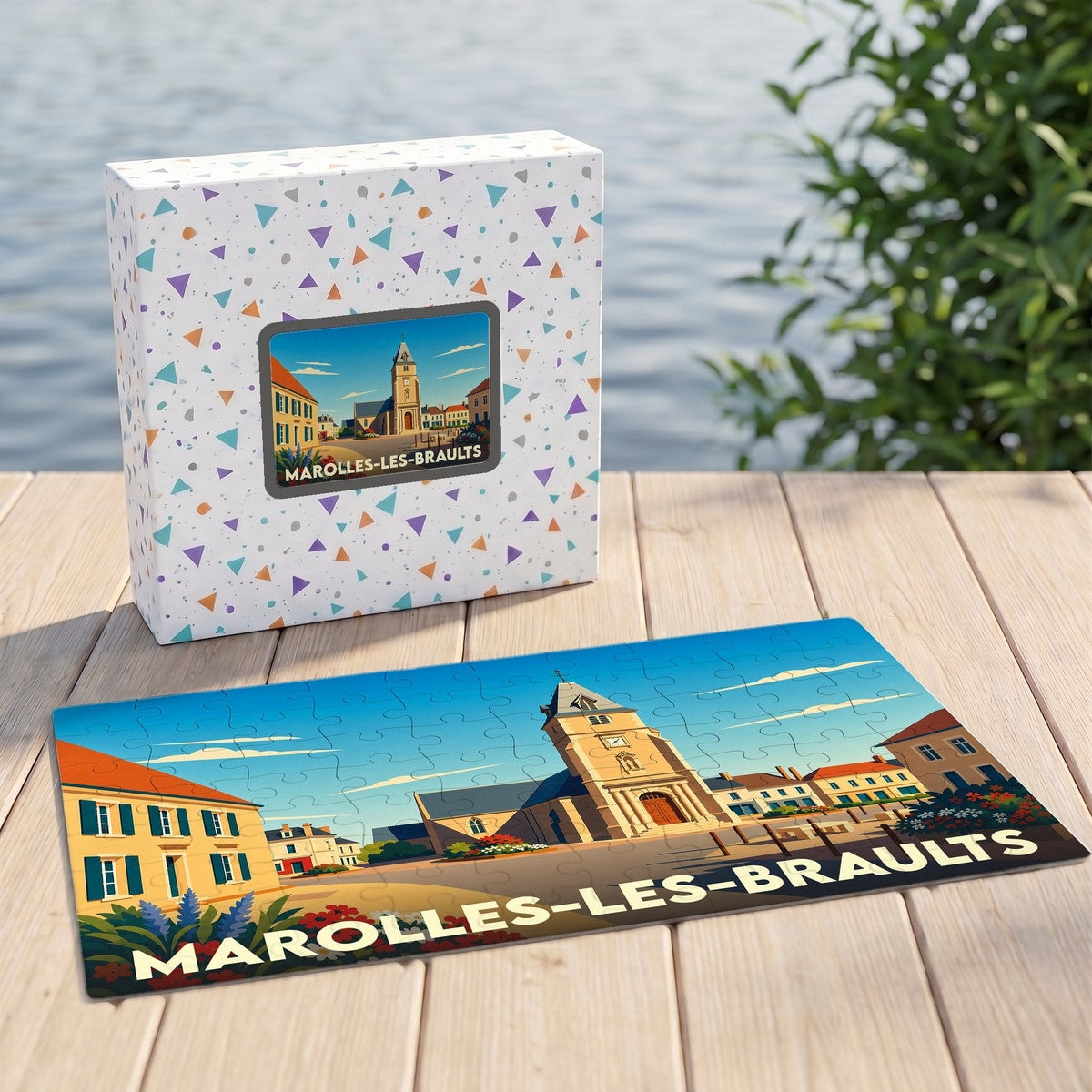 Puzzle souvenir de la ville de Marolles-les-Braults avec une illustration stylisée de son église et de ses maisons.