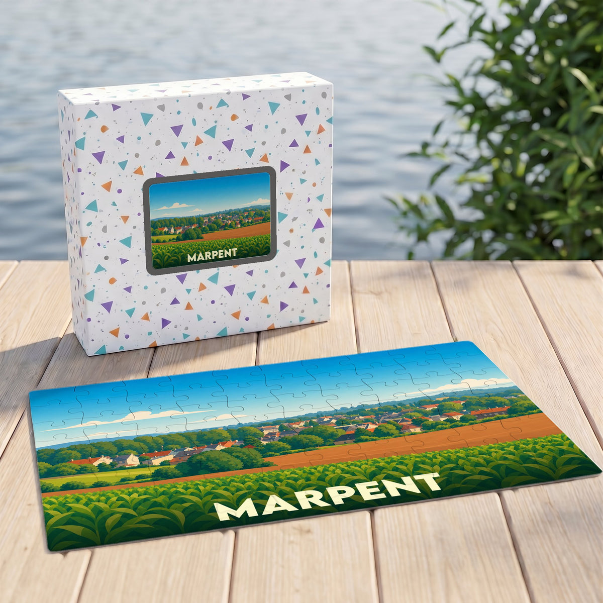 Puzzle souvenir de la ville de Marpent avec une illustration de paysage rural et champêtre.