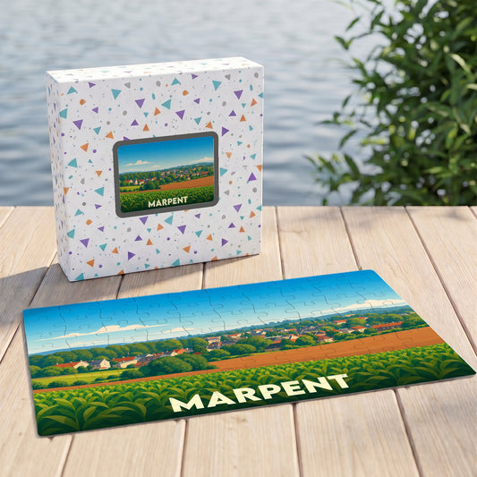 Puzzle souvenir de la ville de Marpent avec une illustration de paysage rural et champêtre.
