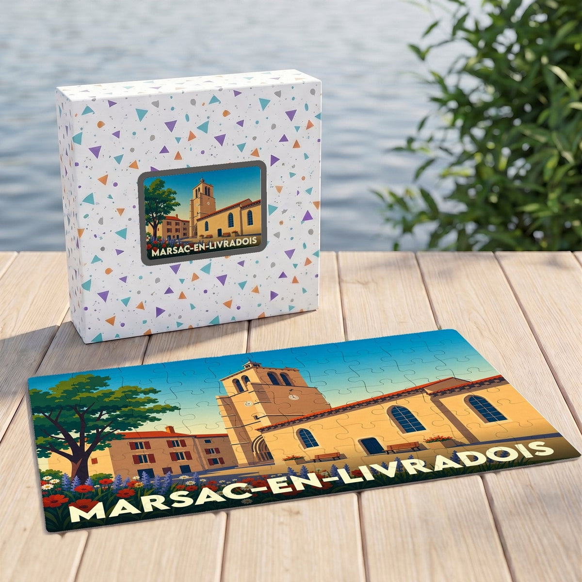 Puzzle souvenir de la ville de Marsac-en-Livradois avec une illustration stylisée de son église et de sa place.