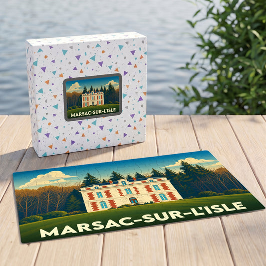 Puzzle souvenir de la ville de Marsac-sur-l'Isle avec une illustration stylisée d'un château.