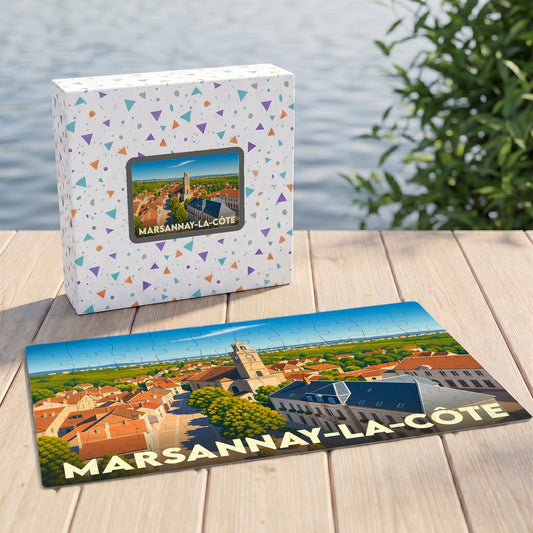 Puzzle souvenir de la ville de Marsannay-la-Côte avec une illustration panoramique stylisée et sa boîte assortie.