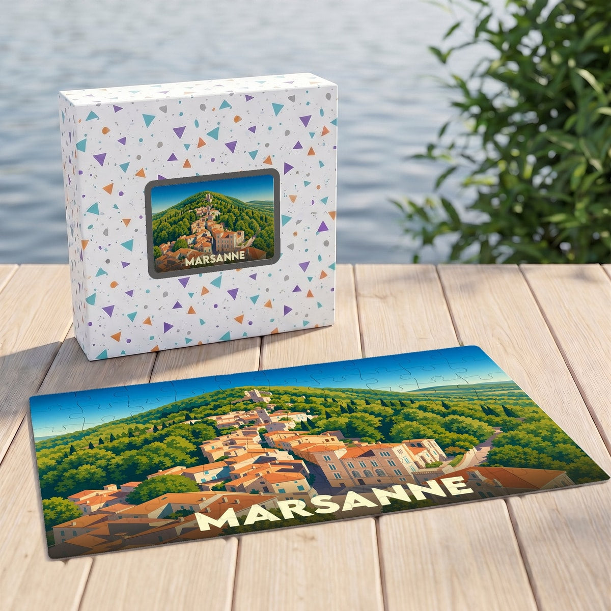 Puzzle souvenir de la ville de Marsanne avec une illustration stylisée de son village perché.