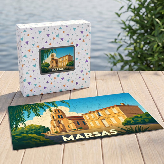 Puzzle souvenir de la ville de Marsas avec une illustration stylisée d'un paysage urbain ensoleillé.