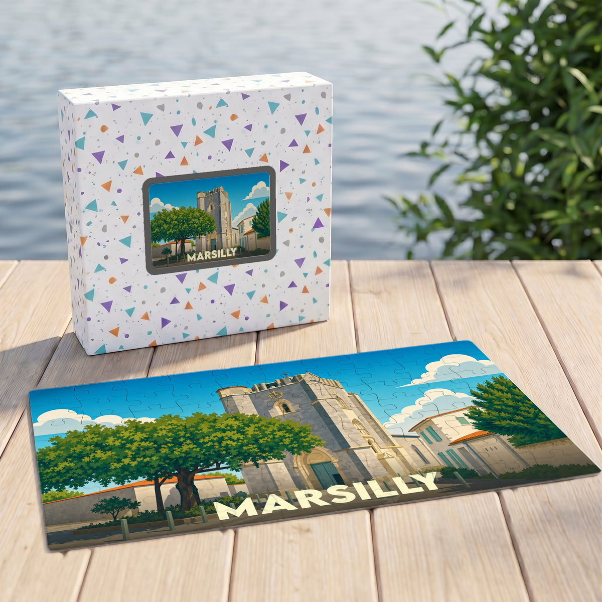 Puzzle souvenir de la ville de Marsilly avec une illustration stylisée de son église fortifiée.