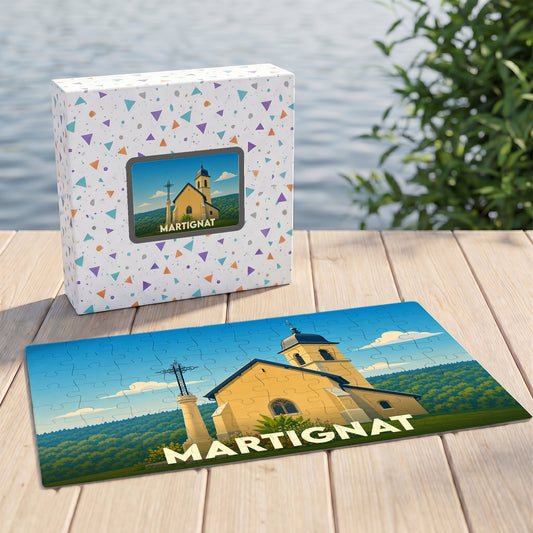 Puzzle souvenir de la ville de Martignat avec une illustration stylisée de son église.