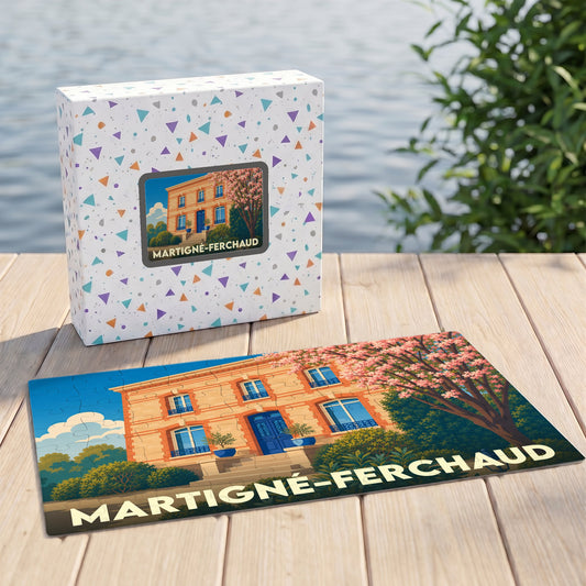 Puzzle souvenir de la ville de Martigné-Ferchaud illustrant une élégante bâtisse en pierre.