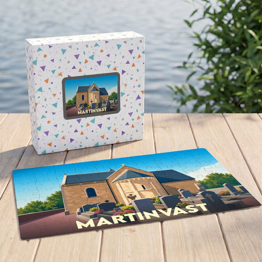 Puzzle souvenir de la ville de Martinvast représentant son église et son cimetière avec une illustration stylisée.