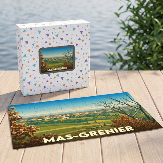 Puzzle souvenir de la ville de Mas-Grenier avec une illustration de paysage stylisée.