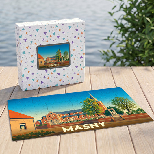 Puzzle souvenir de la ville de Masny avec une illustration stylisée.