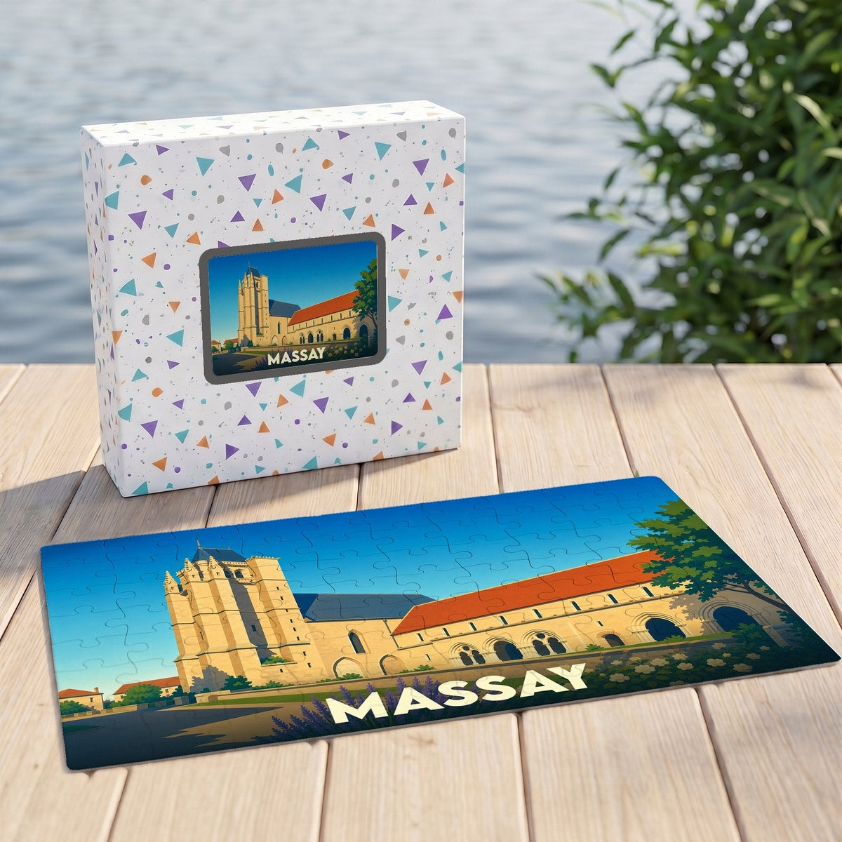 Puzzle souvenir de la ville de Massay avec une illustration stylisée de son patrimoine architectural.