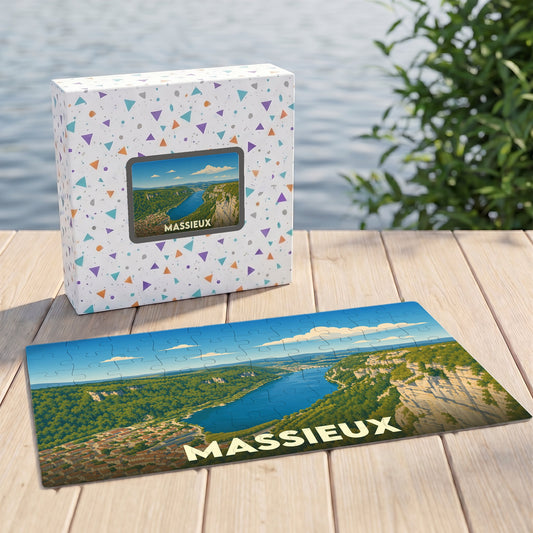 Puzzle souvenir de la ville de Massieux avec une illustration panoramique de sa vallée.