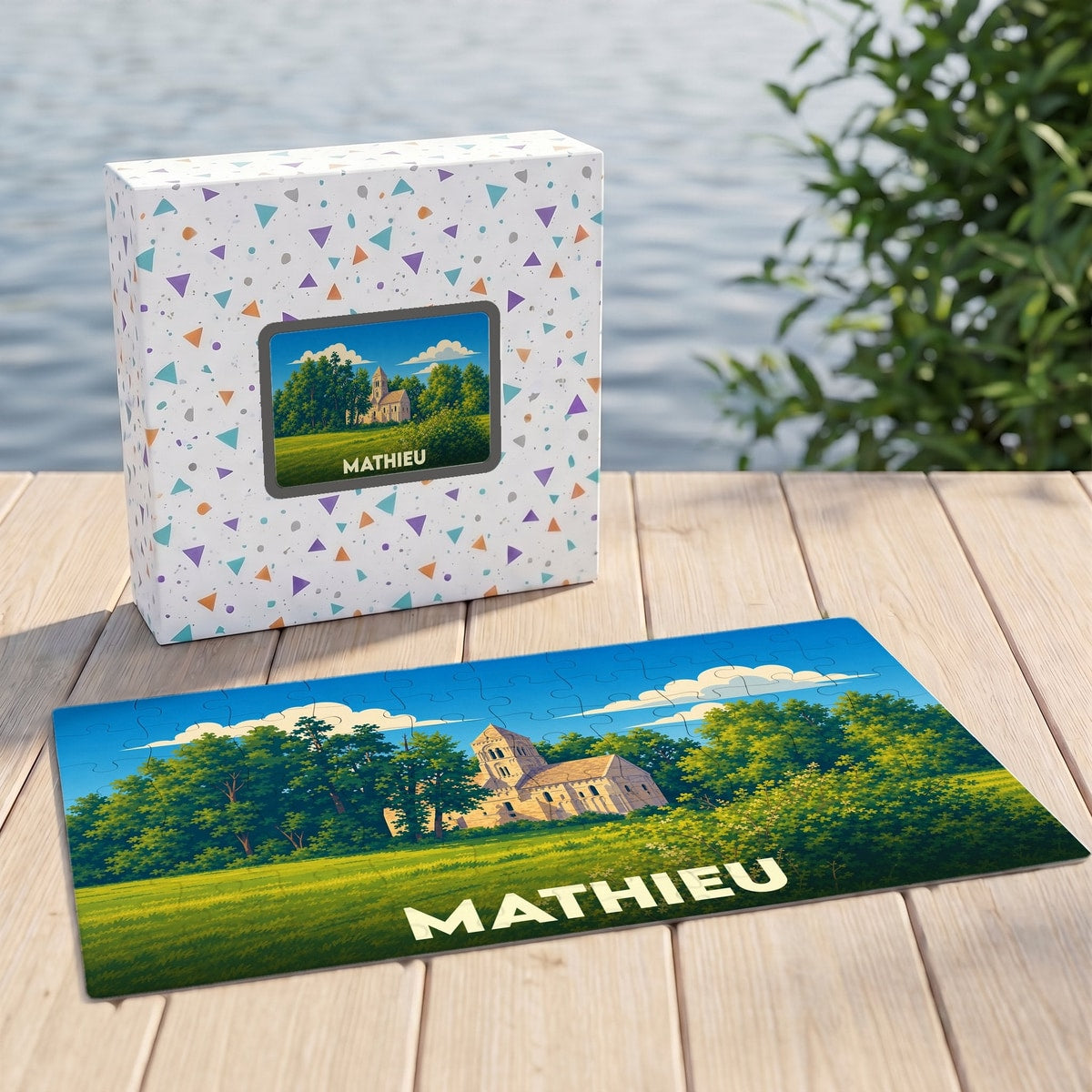 Puzzle souvenir de la ville de Mathieu avec une illustration stylisée d'une église dans un paysage verdoyant.