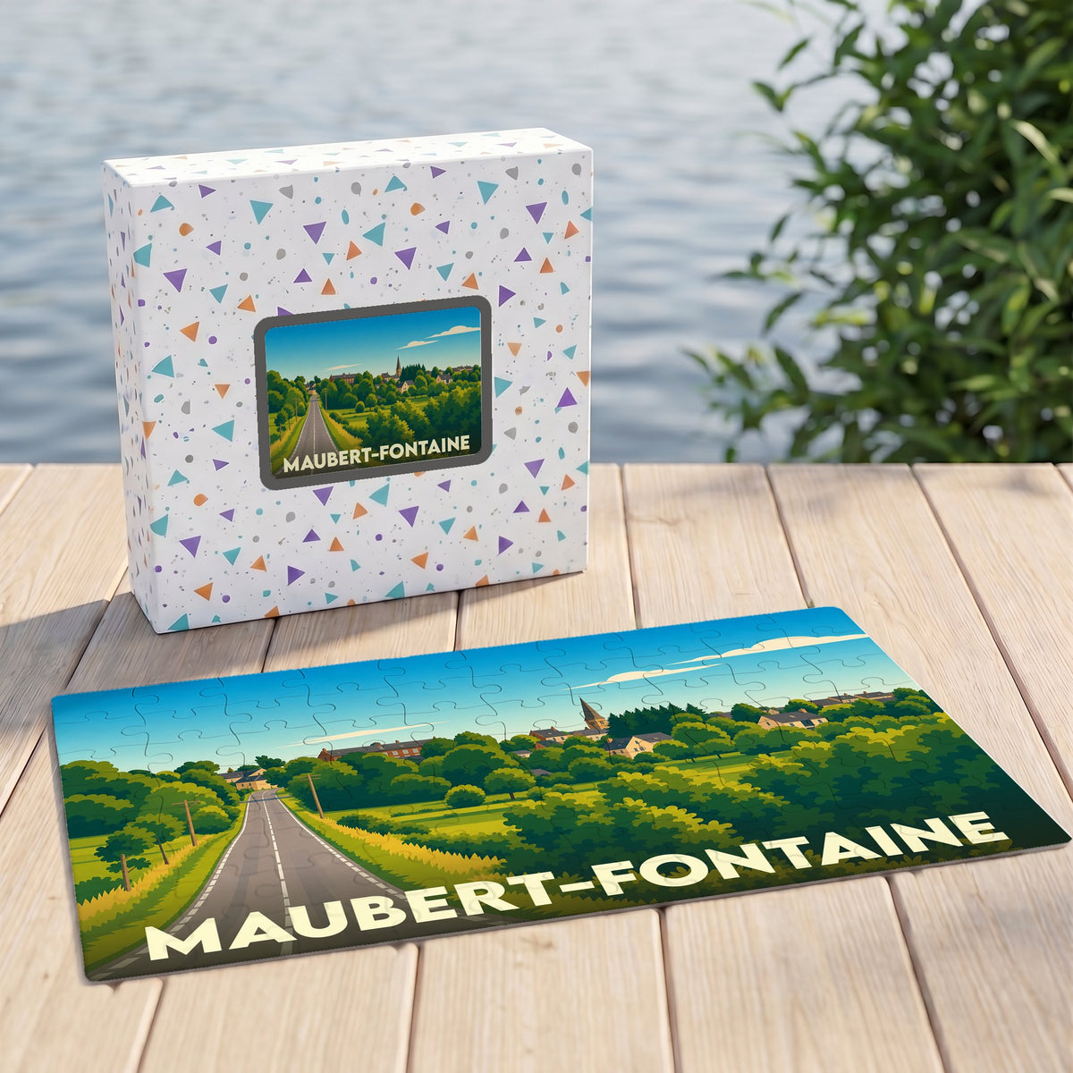 Puzzle souvenir de la ville de Maubert-Fontaine avec une illustration stylisée de son paysage champêtre.
