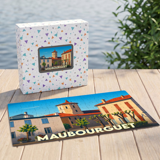 Puzzle souvenir de la ville de Maubourguet avec une illustration stylisée et colorée.