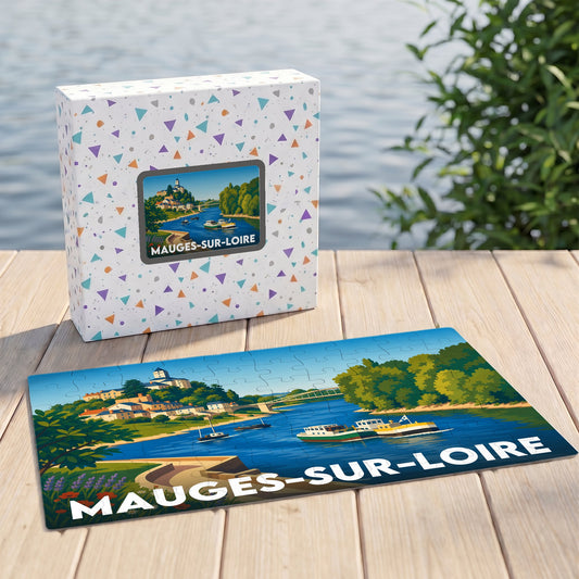 Puzzle souvenir de la ville de Mauges-sur-Loire avec une illustration stylisée et colorée de ses bords de Loire.