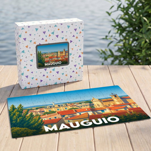 Puzzle souvenir de la ville de Mauguio avec une illustration stylisée et sa boîte assortie.