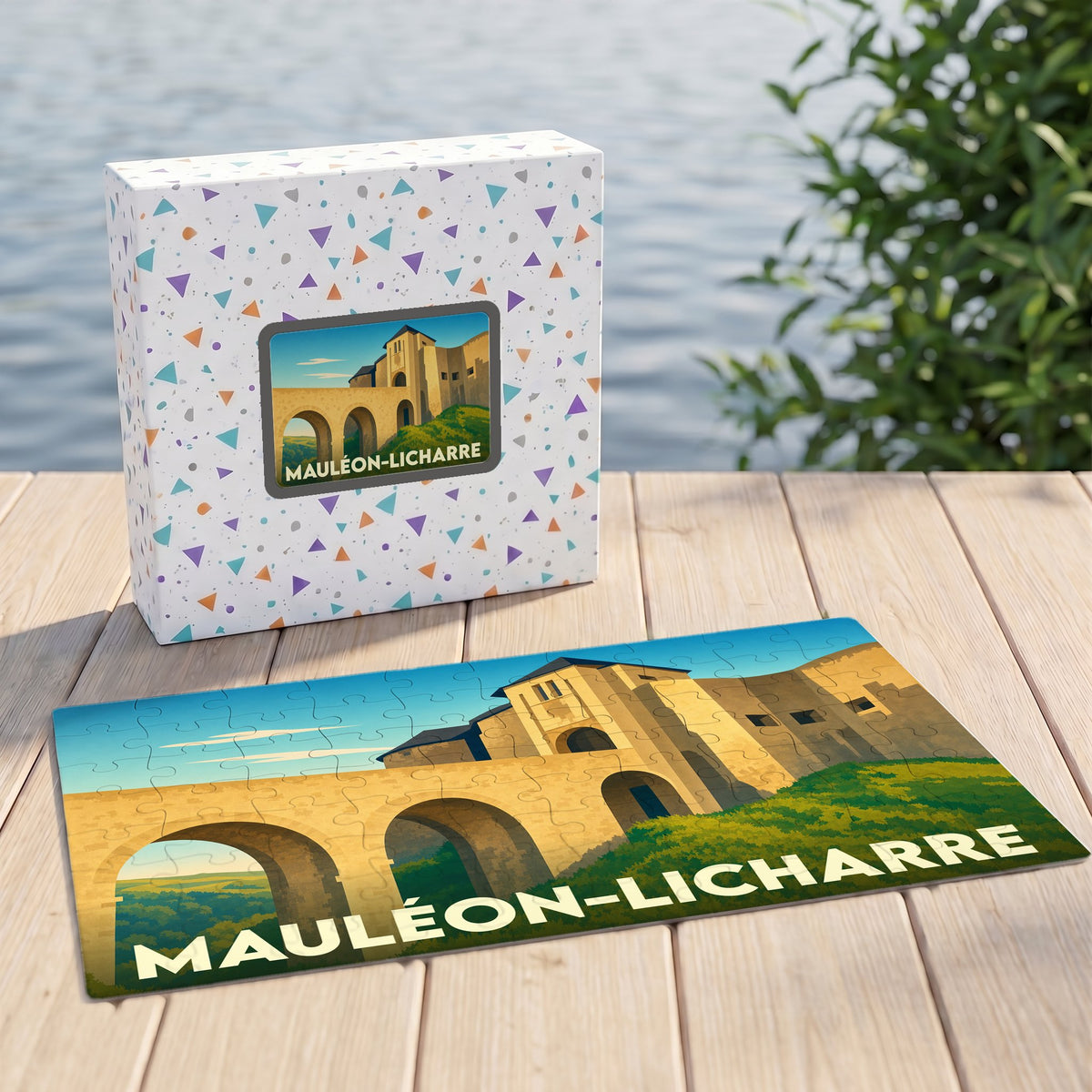 Puzzle souvenir de la ville de Mauléon-Licharre avec une illustration stylisée de son château.