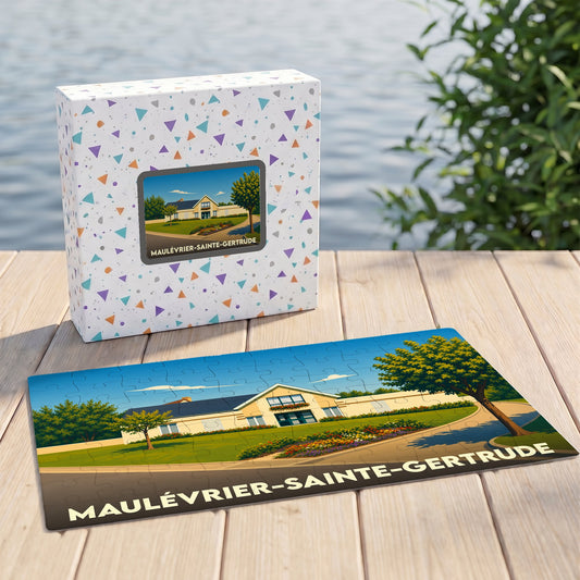 Puzzle souvenir de la ville de Maulévrier-Sainte-Gertrude avec une illustration stylisée de son paysage urbain.