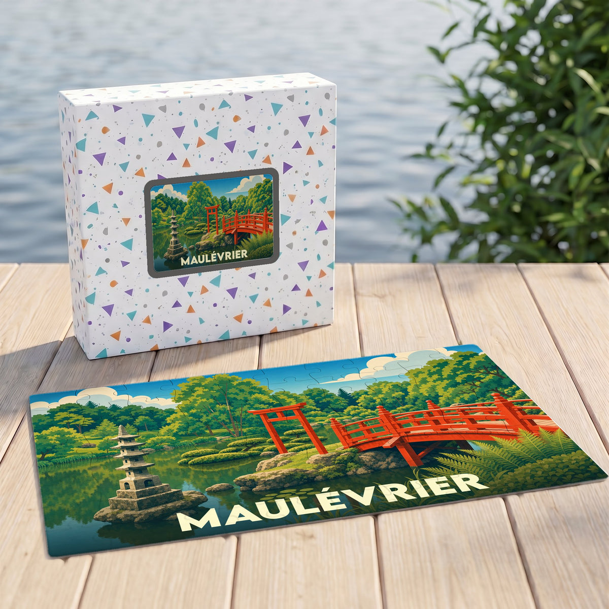 Puzzle souvenir de la ville de Maulévrier avec une illustration stylisée d'un jardin japonais.