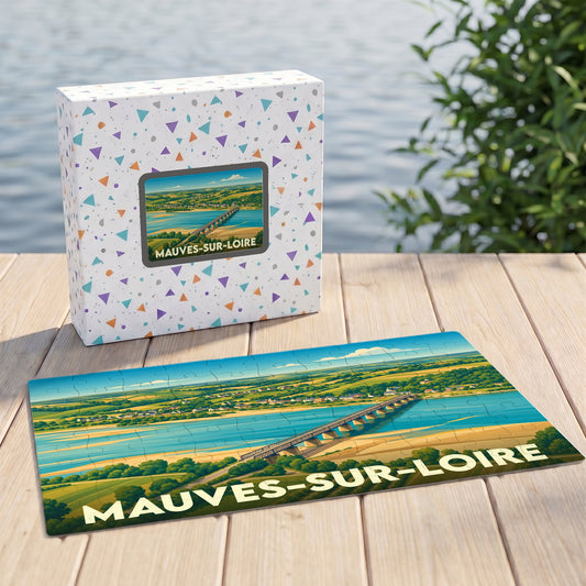 Puzzle souvenir de la ville de Mauves-sur-Loire avec une illustration stylisée de son pont au-dessus du fleuve.