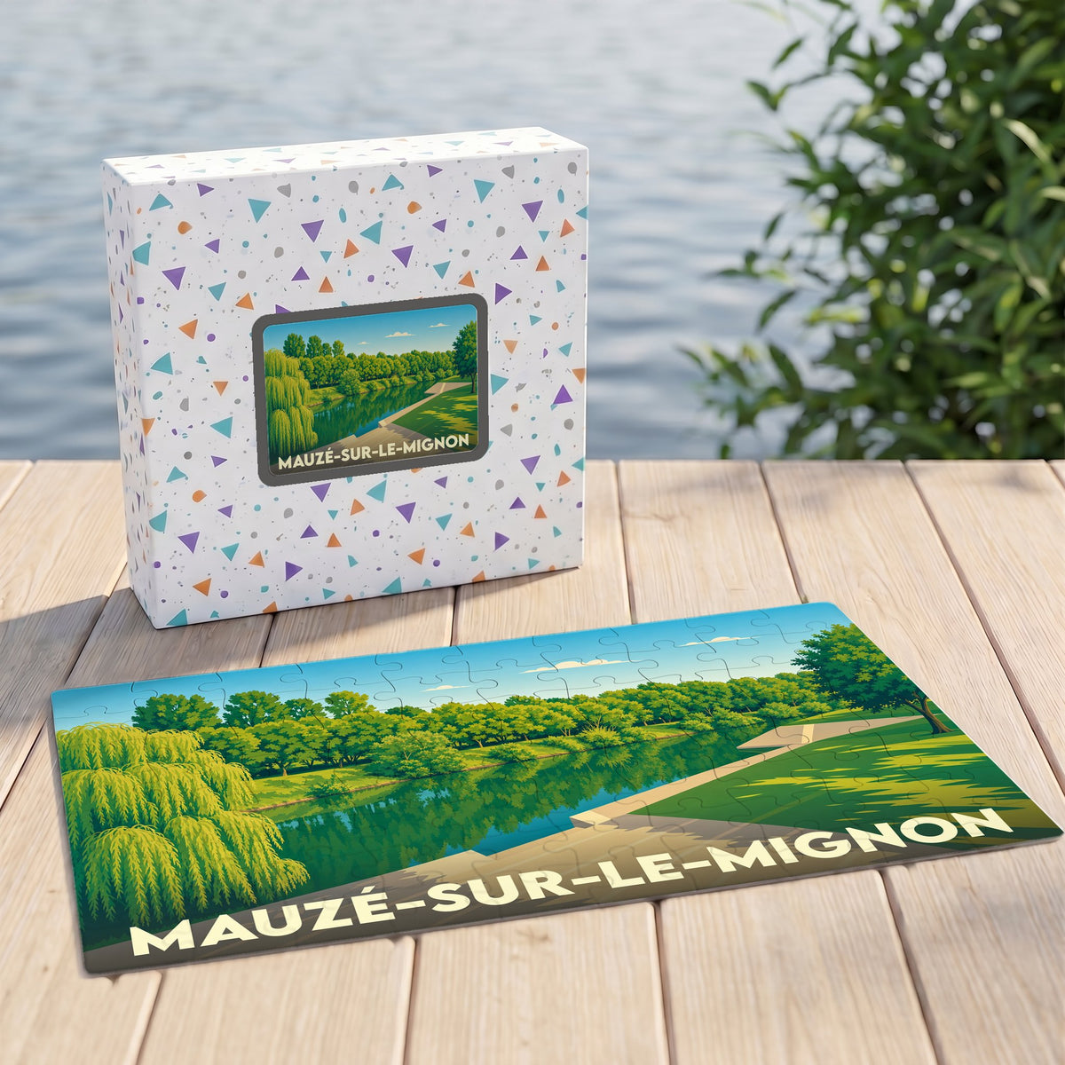 Puzzle souvenir de la ville de Mauzé-sur-le-Mignon représentant un paysage de bord de rivière avec une illustration stylisée.