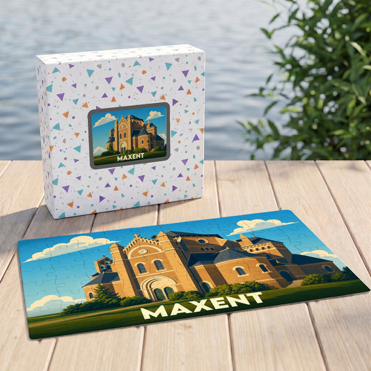 Puzzle souvenir de la ville de Maxent avec une illustration stylisée de son église.