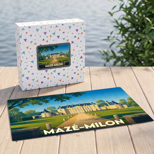 Puzzle souvenir de la ville de Mazé-Milon illustrant un château dans un style épuré.