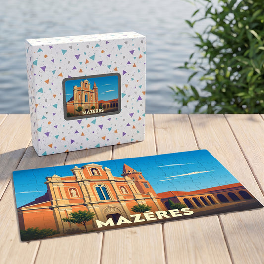 Puzzle souvenir de la ville de Mazères avec une illustration stylisée d'un bâtiment historique.