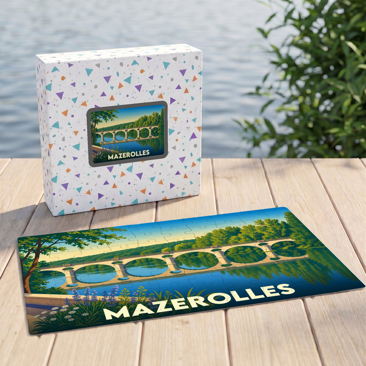 Puzzle souvenir de la ville de Mazerolles avec une illustration stylisée d'un pont se reflétant dans l'eau.