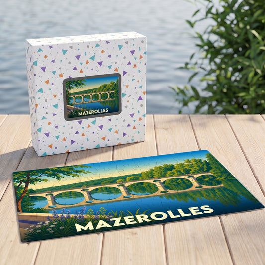 Puzzle souvenir de la ville de Mazerolles avec une illustration stylisée d'un pont se reflétant dans l'eau.