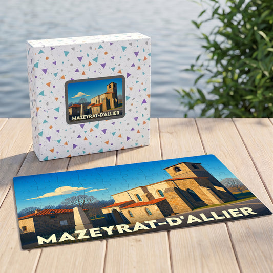 Puzzle souvenir de la commune de Mazeyrat-d'Allier avec une illustration stylisée d'une église en pierre.