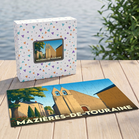 Puzzle souvenir de la ville de Mazières-de-Touraine illustrant son église dans un style graphique épuré.