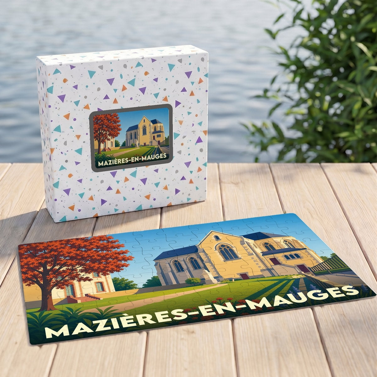 Puzzle souvenir de la ville de Mazières-en-Mauges avec une illustration stylisée de son église.