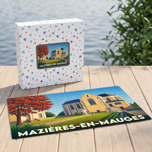 Puzzle souvenir de la ville de Mazières-en-Mauges avec une illustration stylisée de son église.