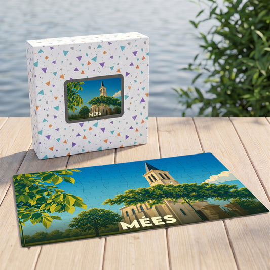 Puzzle souvenir de la ville de Mées avec une illustration stylisée de son église.