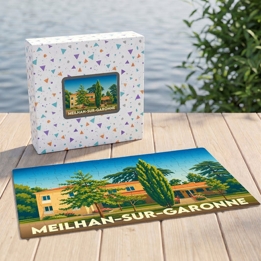 Puzzle souvenir de la ville de Meilhan-sur-Garonne avec une illustration stylisée d'un paysage local.