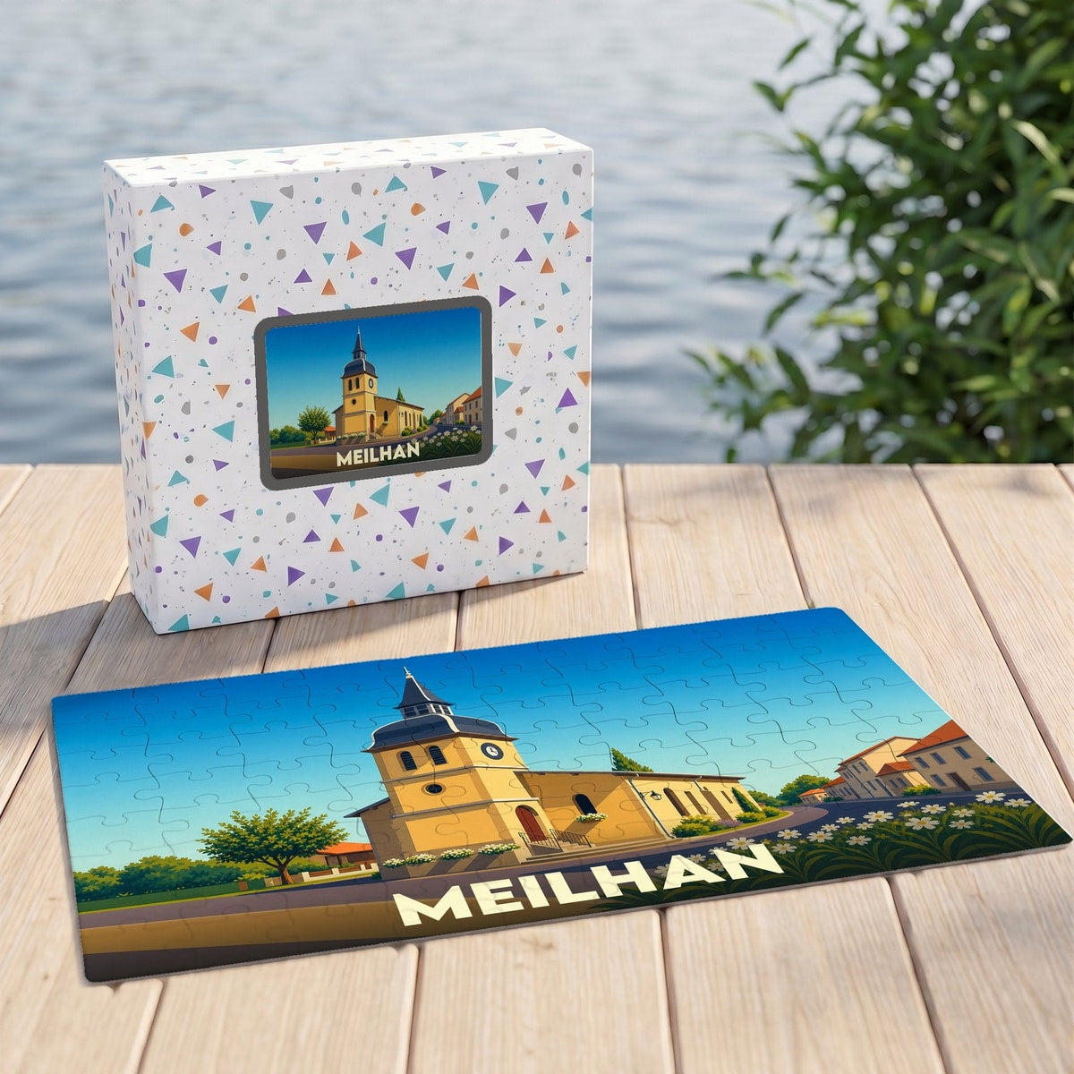 Puzzle souvenir de la ville de Meilhan avec une illustration stylisée d'une église sous un ciel bleu.