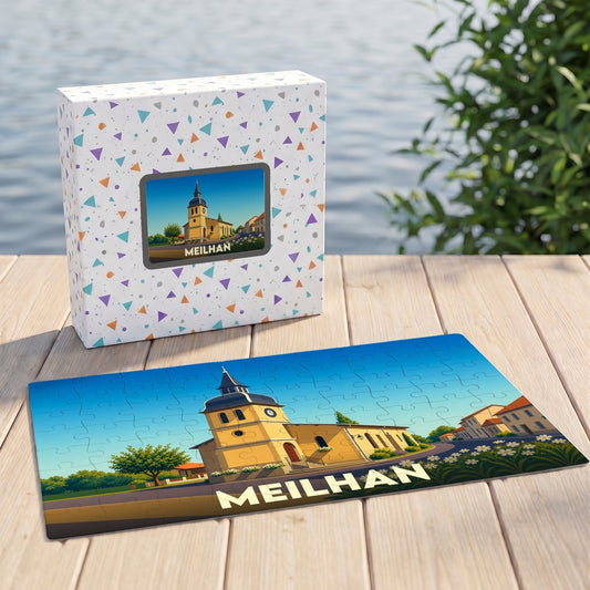 Puzzle souvenir de la ville de Meilhan avec une illustration stylisée d'une église sous un ciel bleu.