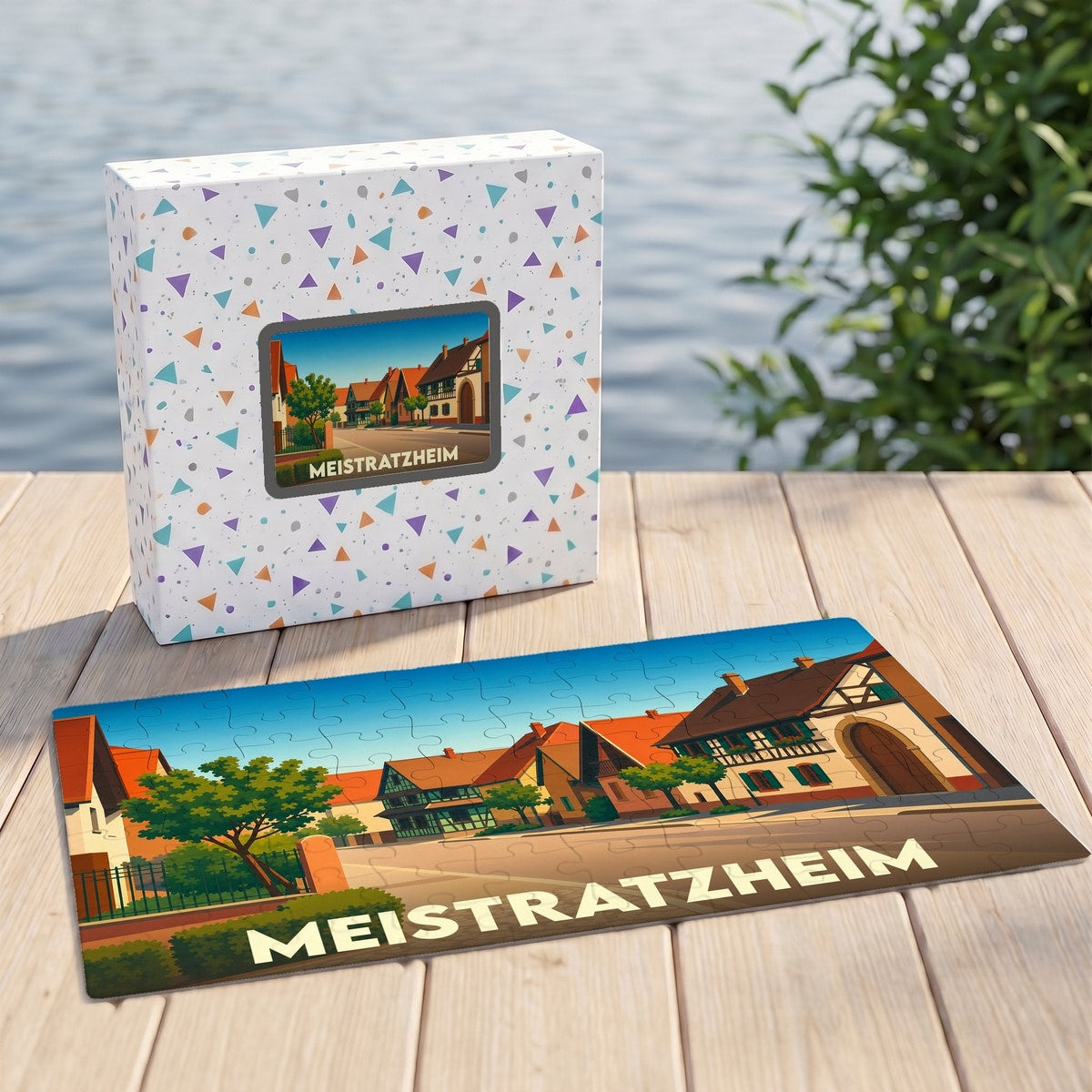 Puzzle souvenir de la ville de Meistratzheim avec une illustration stylisée de ses maisons traditionnelles.
