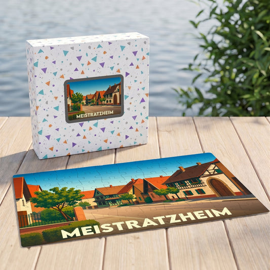 Puzzle souvenir de la ville de Meistratzheim avec une illustration stylisée de ses maisons traditionnelles.