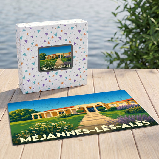 Puzzle souvenir de la ville de Méjannes-lès-Alès avec son illustration stylisée et sa boîte assortie.