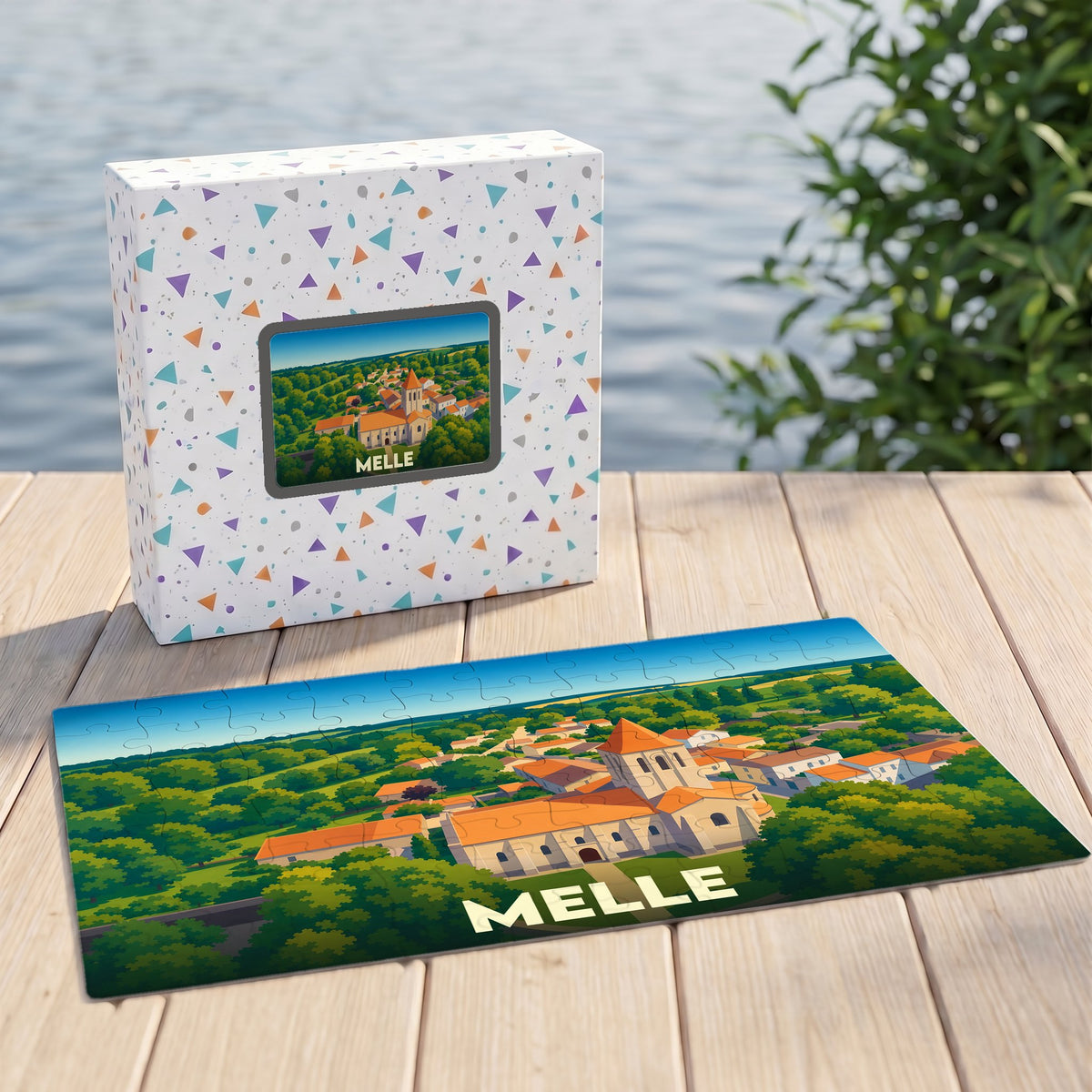 Puzzle souvenir de la ville de Melle illustrant son église et ses paysages verdoyants.