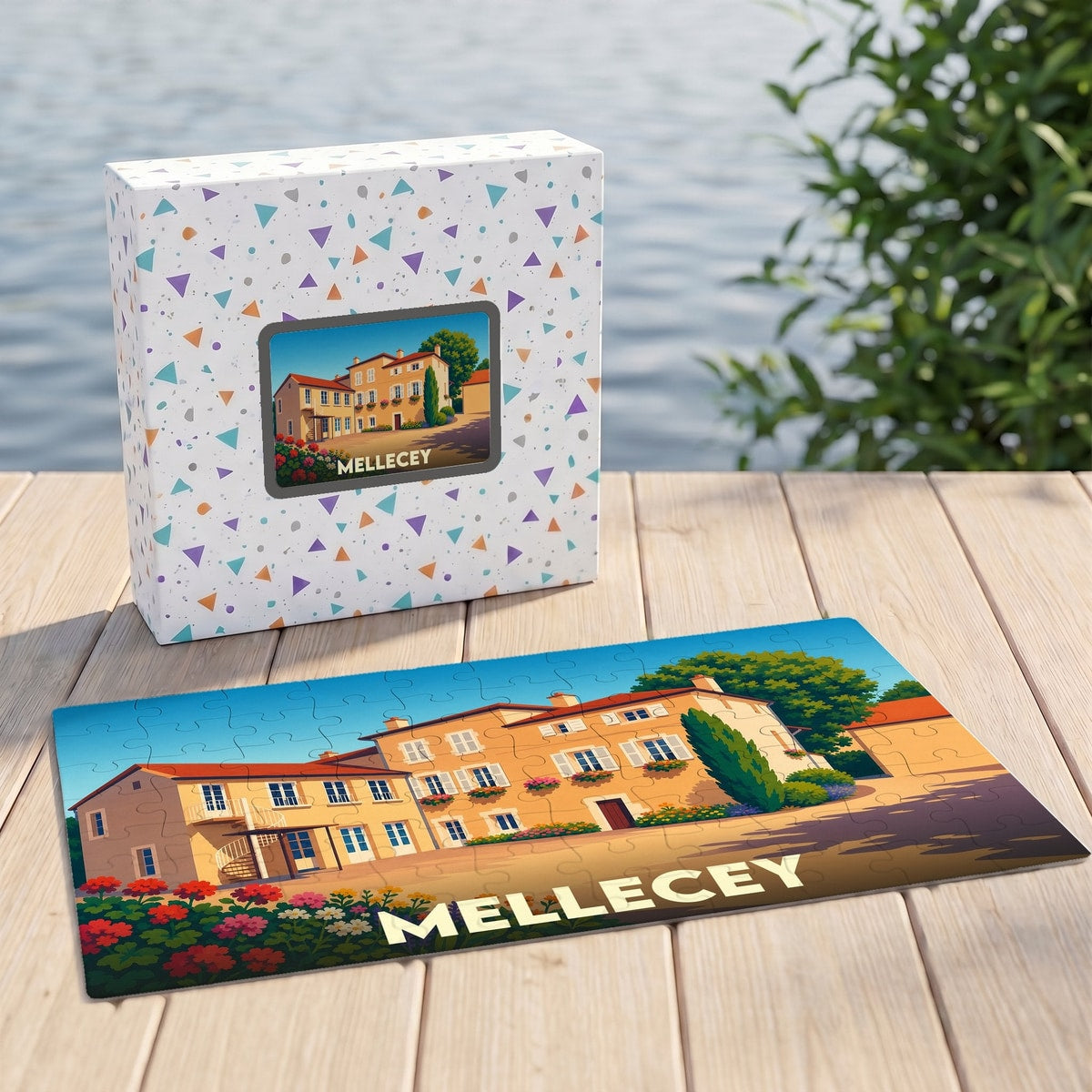 Puzzle souvenir de la ville de Mellecey représentant une demeure bourguignonne illustrée.