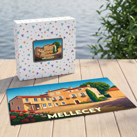 Puzzle souvenir de la ville de Mellecey représentant une demeure bourguignonne illustrée.