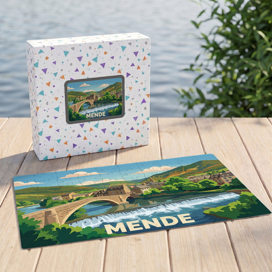 Puzzle souvenir de la ville de Mende illustré par un paysage stylisé avec son pont emblématique.