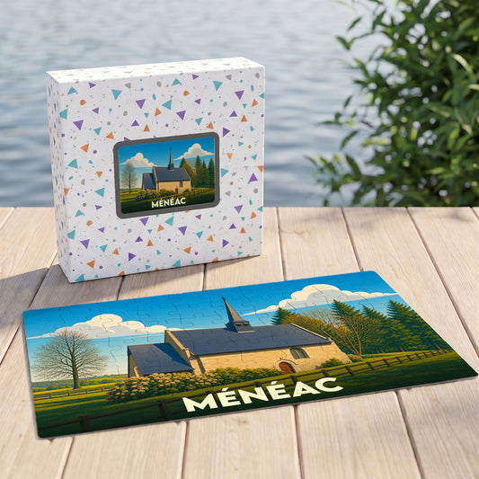 Puzzle souvenir de la ville de Ménéac avec une illustration stylisée de son église.