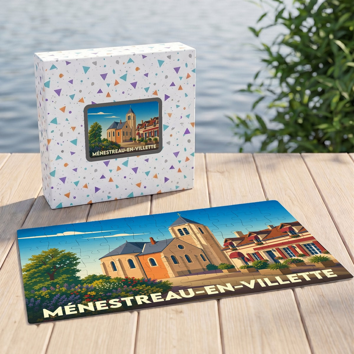 Puzzle souvenir de la ville de Ménestreau-en-Villette avec une illustration stylisée.