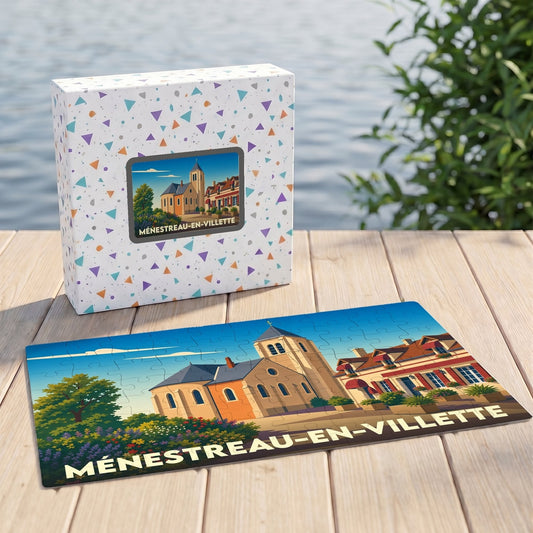 Puzzle souvenir de la ville de Ménestreau-en-Villette avec une illustration stylisée.