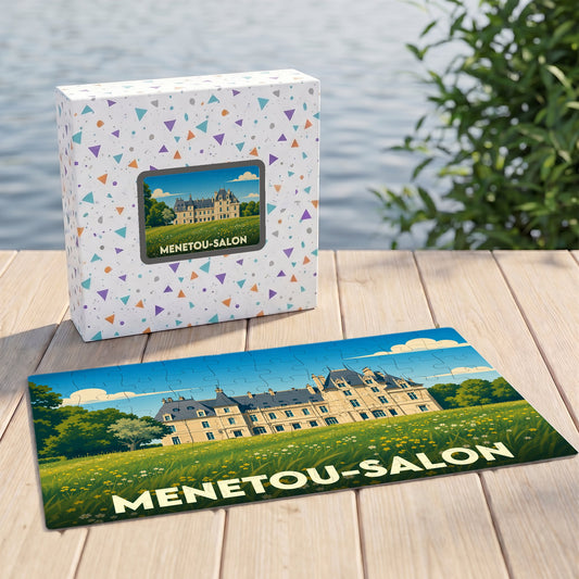 Puzzle souvenir de la ville de Menetou-Salon avec une illustration stylisée d'un château.